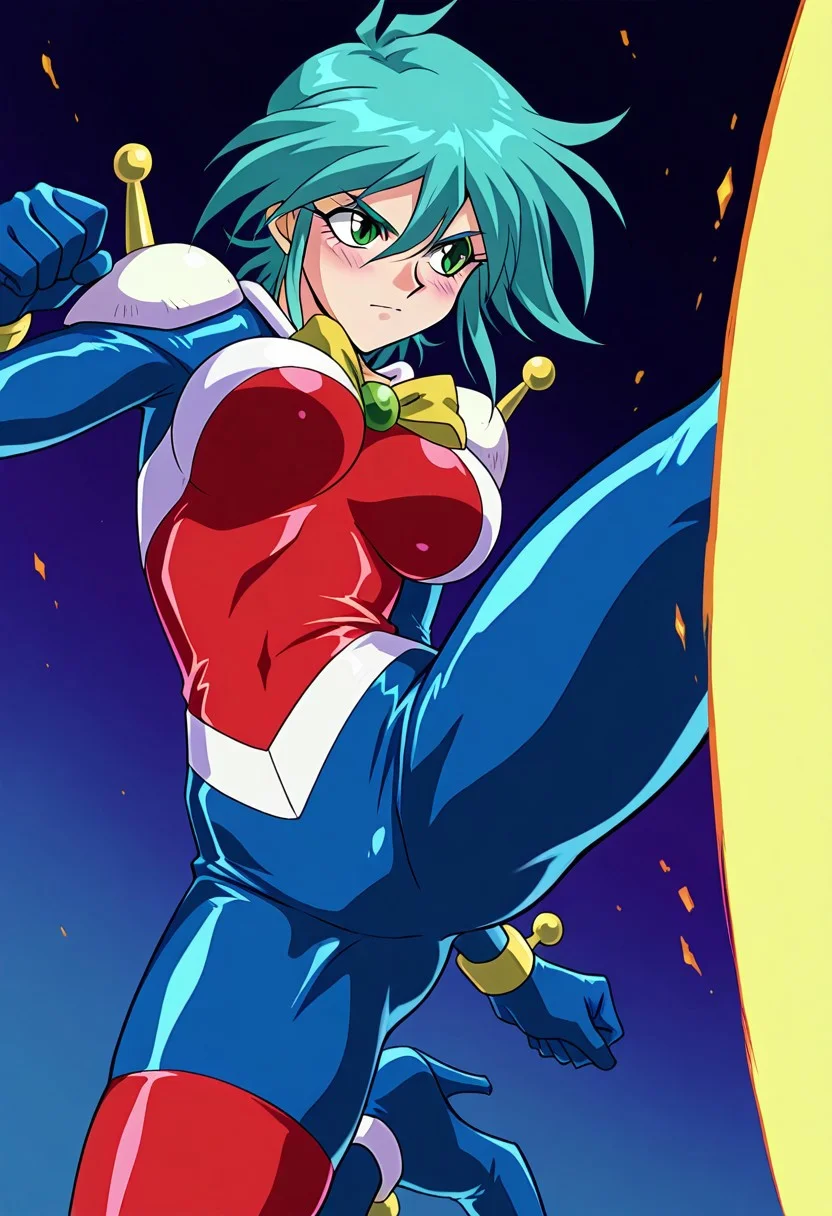 masterpiece, best quality, amazing quality, very aesthetic, absurdres, anime coloring,
1990s_\(style\), retro artstyle, BREAK 1girl, solo, Allenby_Beardsley, light blue hair, short hair, green eyes, large breasts, long torso, BREAK multicolored latex bodysuit, yellow ribbon with jewels on the chest, single red thighhigh, skin tight, shoulder armor with antenna, highheels, BREAK looking away, blush, serious, bouncing breasts, standing on one leg, knee up, kicking, battle, attack, dynamic pose, dynamic angle,