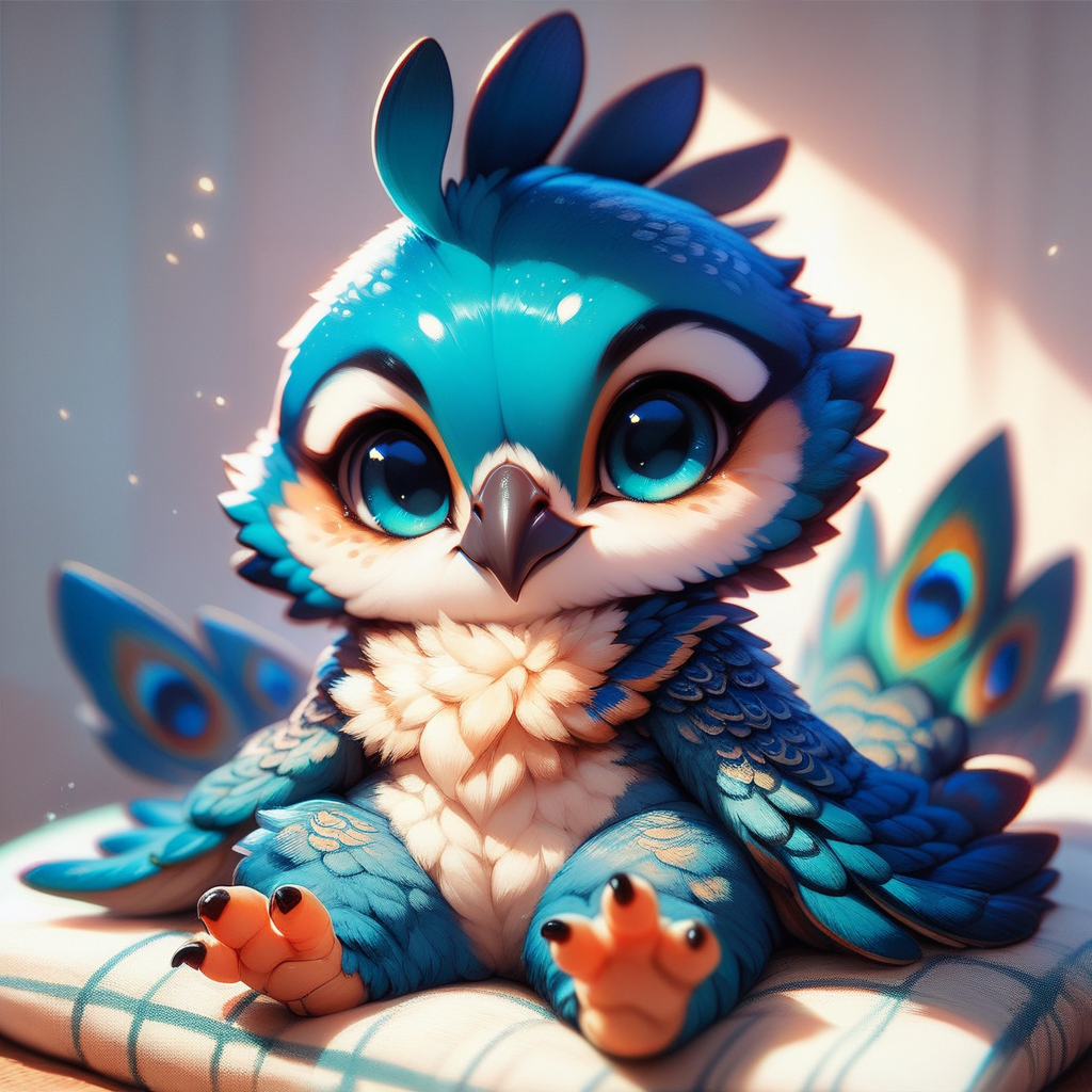 score_9, score_8_up, score_7_up, score_6_up,fscore_9, score_8_up, score_7_up, source_furry, peafowl, sitting on a blanket, chibi, cute, blue feathers, detailed, <lora:Anthro_birds_for_pony_-_2:0.9>