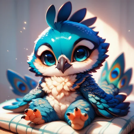score_9, score_8_up, score_7_up, score_6_up,fscore_9, score_8_up, score_7_up, source_furry, peafowl, sitting on a blanket, chibi, cute, blue feathers, detailed, <lora:Anthro_birds_for_pony_-_2:0.9>