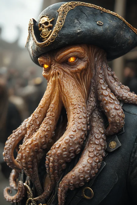 A close up of an octopus wearing the tricorn hat and coat from Pirates of The Caribbean, photorealistic, cinematic lighting, golden glow in one eye, hyper realistic, detailed textures, dark gold and black color grading, high resolution photography, hkpirate, masterpiece, best quality, highly detailed, sharp focus, dynamic lighting