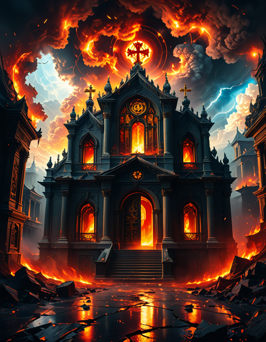 A once-majestic celestial temple, now under siege by the forces of Hell. The grand white stone structure is cracked and scorched, its golden crosses twisted and broken. The stained-glass windows, once glowing with warm divine light, are now shattered, with demonic symbols glowing ominously in their place. The sky, once a serene blue, is now consumed by dark storm clouds, swirling with red lightning and thick smoke.
Black, jagged chains extend from the sky, wrapping around the temple as if trying to pull it down into the abyss. The once-fluffy clouds beneath the structure are now a chaotic mix of fire, ash, and dark mist, with glimpses of molten lava cracks below. Infernal creatures with glowing red eyes lurk in the shadows, their silhouettes barely visible through the smoke and fire.
The temple doors are blown open, revealing an eerie red glow emanating from within, as if Hell itself is consuming the sacred space. Massive demonic runes are etched into the stone, pulsating with an unholy energy. The entire scene is bathed in a deep crimson and orange glow, giving it an apocalyptic and nightmarish atmosphere.
Style & Lighting:
- Dark fantasy, highly detailed
- Dramatic, high-contrast lighting with fiery glows
- Cinematic composition, epic scale
- Strong use of shadows, embers, and atmospheric foghighly detailed and atmospheric view from inside a massive birdcage, large enough for a human to stand inside. The cage is made of ornate, aged metal bars with intricate Victorian-style patterns, curving elegantly towards the domed ceiling. Sunlight filters through the gaps between the bars, casting long, dramatic shadows on the wooden floor. Delicate vines and small flowers have begun to grow around the bars, adding a touch of nature reclaiming the space. The background beyond the cage is blurred, hinting at a lush garden or a mysterious, abandoned mansion. The ambiance is serene yet slightly melancholic, with warm golden light illuminating dust particles floating in the air. Soft feathers are scattered on the floor, adding to the sense of quiet abandonment. The perspective makes the viewer feel as if they are inside the cage, looking outward, surrounded by both beauty and confinement. The style is highly detailed and realistic, with a cinematic and slightly surreal atmosphere.
<lora:SDXLFaeTastic2400:0.4> <lora:extremely_detailed:0.4> extremely detailed,evil celestial t3mpl3, <lora:evil_celestial_t3mpl3-p:1>, Masterpiece,best quality,hi res,8k,hi res,8k,award winning,(sharp focus, intricate, highly detailed),