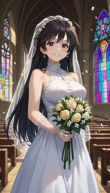 score_9, score_8_up, score_7_up, source_anime,
<lora:GUPHana:1> 1girl, isuzu hana, black hair, long hair, ahoge, black eyes, large breasts, , indoors, church, stained glass, whie veil, laced gloves, upper body, close portrait church, holding bouquet, (confetti:1.1), smile, white dress, wedding dress, church, holding bouquet, (confetti:1.1)