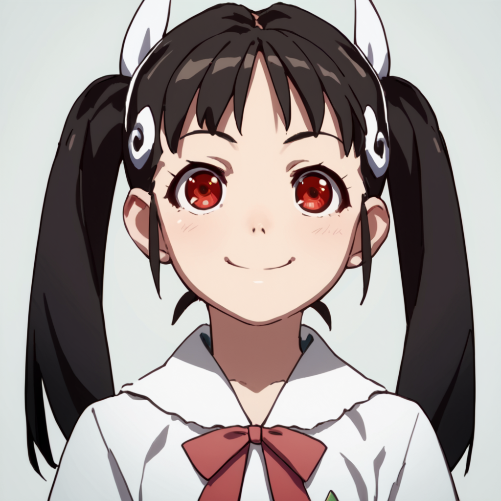 score_9, score_8_up, score_7_up, score_6_up, score_5_up, score_4_up, source_anime, , Mayoi, long hair, black hair, red eyes, twintails, school uniform, , soft smile, portrait