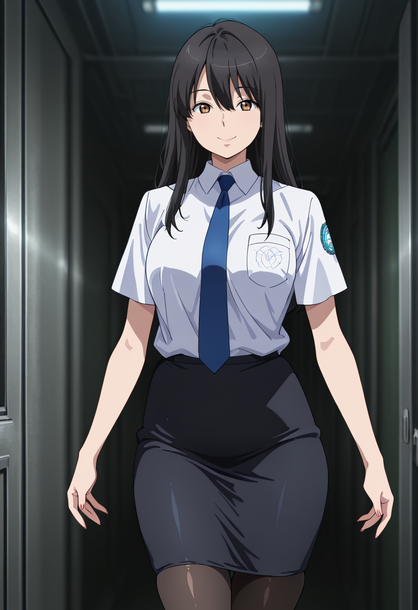masterpiece, best quality, amazing quality, very aesthetic, absurdres, newest, illustration, perfect composition, intricate details, highres, anime coloring, 1girl, solo, (cowboy shot:1.2), yukiww, mature female, brown eyes, black hair, long hair, bangs, hair between eyes, uniform, blue necktie, white collared shirt, breast pocket, short sleeves, black pencil skirt, black pantyhose, looking at viewer, smile, shiny body, shiny skin, skindentation, clear skin, shiny hair, ultra detailed eyes, depth of field, sharp, intricate details, hyperdetailed, ultra-detailed, detailed clothing folds, high contrast, dynamic light <lora:Kaizuka_Yuki_Aldnoah_Zero_ill_v1.1:1>