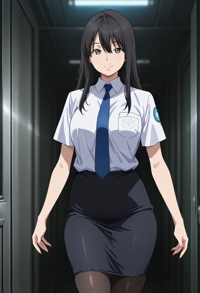 masterpiece, best quality, amazing quality, very aesthetic, absurdres, newest, illustration, perfect composition, intricate details, highres, anime coloring, 1girl, solo, (cowboy shot:1.2), yukiww, mature female, brown eyes, black hair, long hair, bangs, hair between eyes, uniform, blue necktie, white collared shirt, breast pocket, short sleeves, black pencil skirt, black pantyhose, looking at viewer, smile, shiny body, shiny skin, skindentation, clear skin, shiny hair, ultra detailed eyes, depth of field, sharp, intricate details, hyperdetailed, ultra-detailed, detailed clothing folds, high contrast, dynamic light <lora:Kaizuka_Yuki_Aldnoah_Zero_ill_v1.1:1>