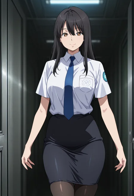 masterpiece, best quality, amazing quality, very aesthetic, absurdres, newest, illustration, perfect composition, intricate details, highres, anime coloring, 1girl, solo, (cowboy shot:1.2), yukiww, mature female, brown eyes, black hair, long hair, bangs, hair between eyes, uniform, blue necktie, white collared shirt, breast pocket, short sleeves, black pencil skirt, black pantyhose, looking at viewer, smile, shiny body, shiny skin, skindentation, clear skin, shiny hair, ultra detailed eyes, depth of field, sharp, intricate details, hyperdetailed, ultra-detailed, detailed clothing folds, high contrast, dynamic light <lora:Kaizuka_Yuki_Aldnoah_Zero_ill_v1.1:1>