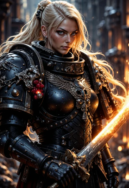blonde female knight, wearing RavenG40k power armor, and holding a flaming sword <lora:FluxRavenG40k:0.8> <lora:FluxMythP0rtr4itStyle:0.7>
