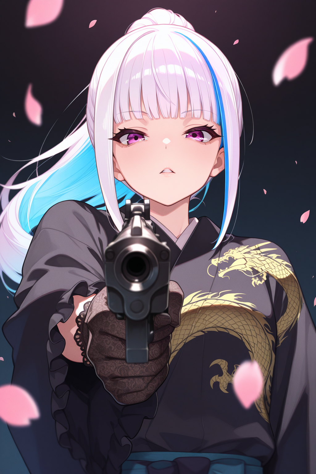 1girl, LizeHelestaNijisanji, 
general, solo, perspective, from below, upper body,
long hair, ponytail, eyelashes, 
no hair ornament,
yakuza,black kimono, 
dragon print,
long sleeves, frilled sleeves, lace-trimmed gloves,
looking at viewer, gesugao, parted lips, 
aiming at viewer, tokarev tt-33,
simple background, black theme, cherry blossoms, depth of field,
<lora:kp_LizeHelestaNijisanji4thCostumeIllustrious_v1_0:1.0>,
masterpiece, best quality, amazing quality