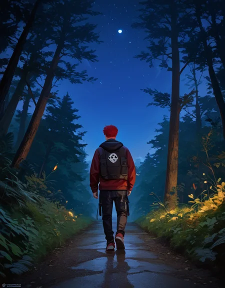 zPDXL2, <lora:TechwearV2:1>, t3chwear,
1boy, detailed eyes, beard, short red hair, walking on a forest path at night, night sky, viewed from behind