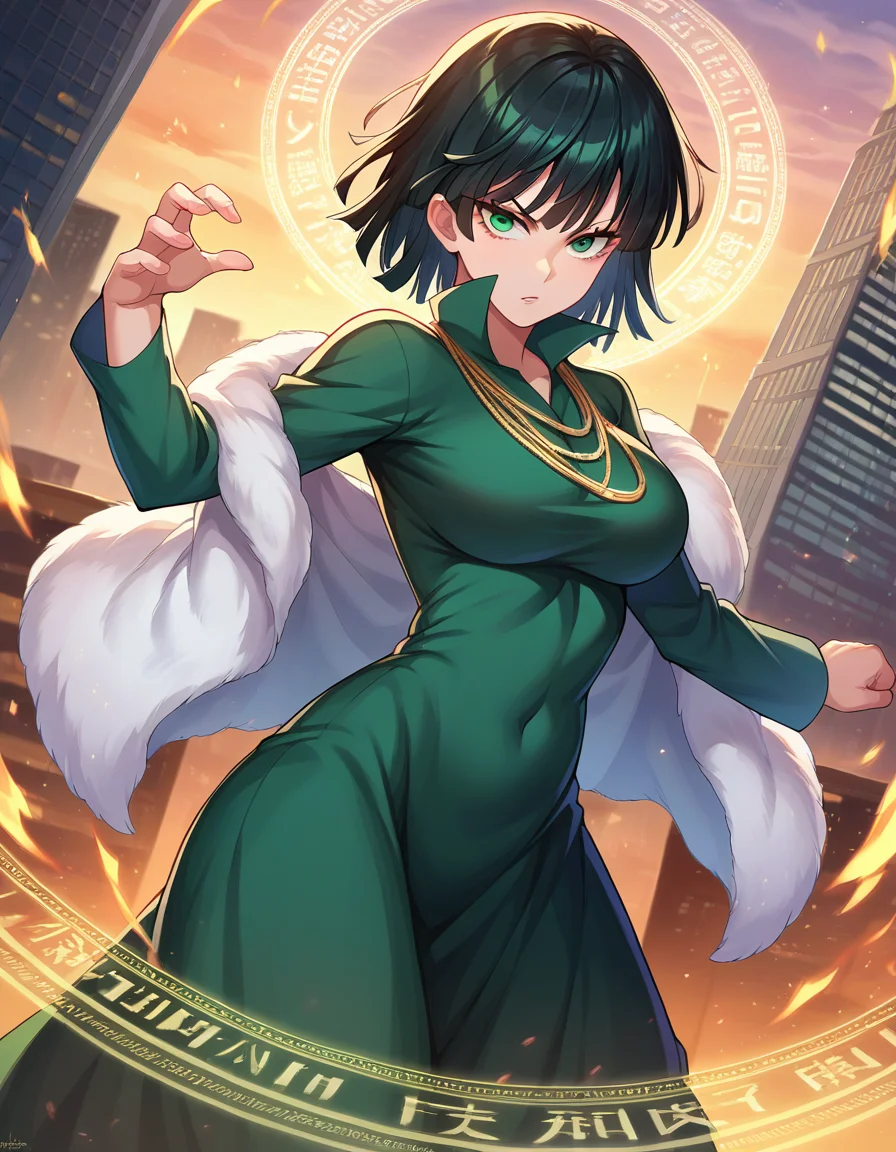 score_9, score_8_up, score_7_up, source_anime,
fubuki, <lora:opm-fubuki-ponyxl-lora-nochekaiser:1>,
fubuki, black hair, green eyes, short hair,
black dress, dress, fur coat, high collar, jewelry, necklace, off shoulder, taut clothes, taut dress,
outdoors, cityscape, magic, magic circle, fighting stance,
looking at viewer, dutch angle, cowboy shot,