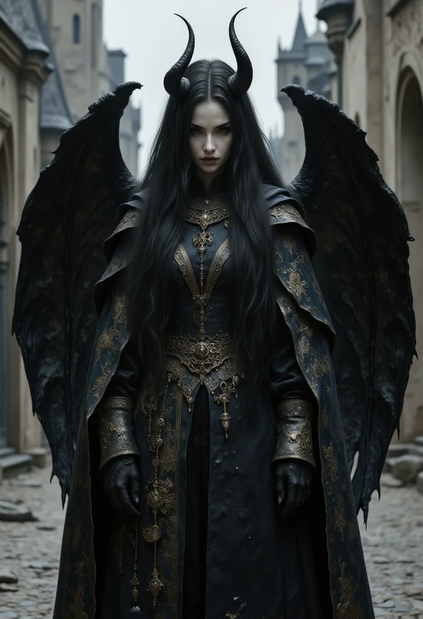 A Tiefling young woman stands in the middle of a fantasy medieval city. she looks directly at the viewer a little cheekily with a grin. She has short black cow horns, long black straight silky hair. The hair is tucked behind the ear. There are big black demonic wings behind her back. She has large eyes and black sclera, neat young facial features. She is dressed in a restrained dark wizard's robe with golden details. Her skin is gray. the passage describes a highly detailed and ethereal portrait of shoulder-high shot, masterpiece, best quality, extremely beautiful, slender body, model pose, perfect composition, very young face