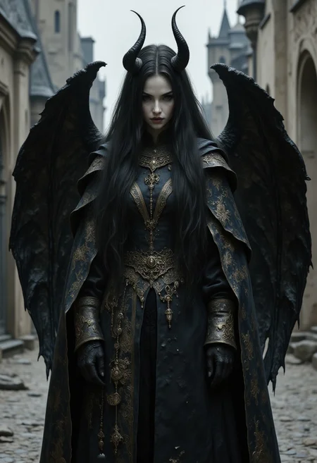 A Tiefling young woman stands in the middle of a fantasy medieval city. she looks directly at the viewer a little cheekily with a grin. She has short black cow horns, long black straight silky hair. The hair is tucked behind the ear. There are big black demonic wings behind her back. She has large eyes and black sclera, neat young facial features. She is dressed in a restrained dark wizard's robe with golden details. Her skin is gray. the passage describes a highly detailed and ethereal portrait of shoulder-high shot, masterpiece, best quality, extremely beautiful, slender body, model pose, perfect composition, very young face