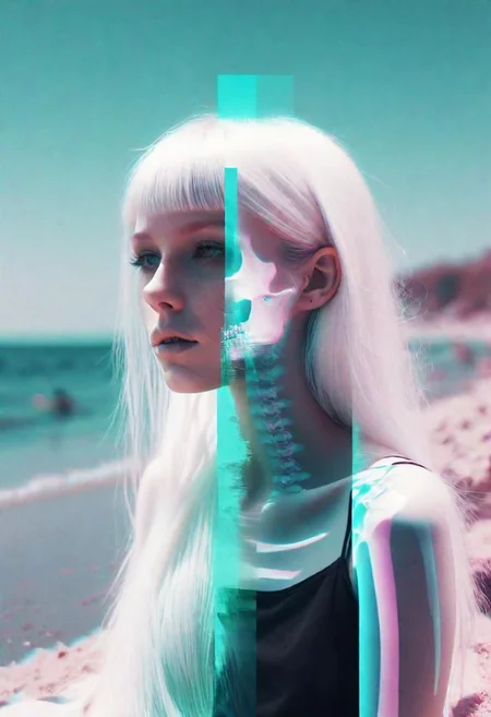hyper realism, IR photo, light leaks, (split screen overlay , x-ray view:1.3), double exposure, (glitched image:1.2), a glitched out beautiful goth model relaxing on a sunny beach, pixelation, sinusoidal distortions, screen tear, post modern deconstruction, molecular view, vibrational spiral signals, (overlay, split screen image:1.1), abstractions, experimental, professional, highly detailed, thought-provoking masterpiece