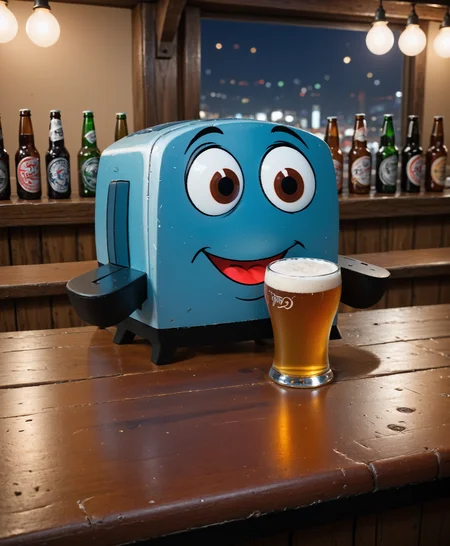 brav3toa$ter sitting at a bar, drinking a beer, intricate, elegant, highly detailed, dramatic light, sharp focus, imposing, open dynamic color, cinematic, extremely fine detail, professional composition, cute, creative, joyful, expressive, vibrant colors, epic surreal background, striking, iconic, perfect symmetry, unique, best, awesome, illuminated, colorful