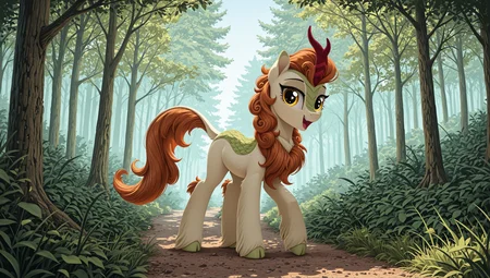 resolution, masterpiece, high resolution, (SOLO: 1.2) my little pony, friendship is magic, wild, detailed background,
forest city, detailed lighting, detailed background, yellow leaves, day, trodden path, goes along the path, goes along the forest, happy cheerful, detailed sky
kirin, light cream body, mane and tail of a rich orange-brown shade, pale green scales on the neck and shoulders, golden eyes, an unusually shaped horn with stripes, a long, lush mane, <lora:autumn_blaze:1>