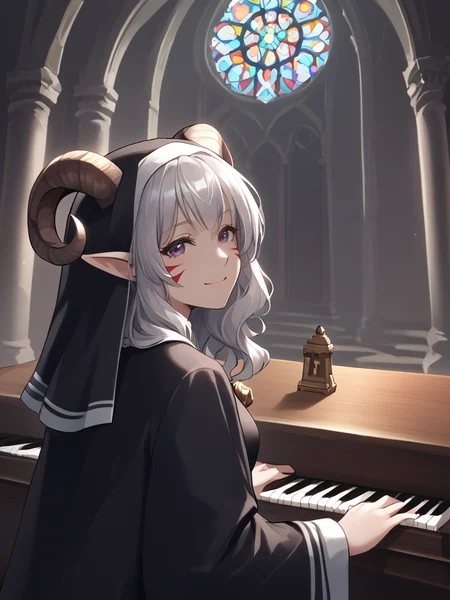 source_furry, score_7_up, rating_safe, source_anime,anime face,<lora:whisker_markings:0.8>red whisker_markings:1.2, silver long wavy hair, bell necklace, short pointy ears, purple eyes, <lora:age_slider_v4:0.6>
organ \(instrument\):1.3, pipe_organ, playing instrument:1.2, church, from behind:1.3, sitting, pipe, smile,
organ_(instrument):1.45, looking up,
church_wall,
nun:1.2,
solo,
<lora:Tieflingnew weird fantasyDND:0.3><lora:Smooth Style 2 SDXL_LoRA_Pony Diffusion V6 XL:0.3> detailed face,
<lora:Test_Diana:0.7> tiefling_bard_diana,
<lora:organ:1>