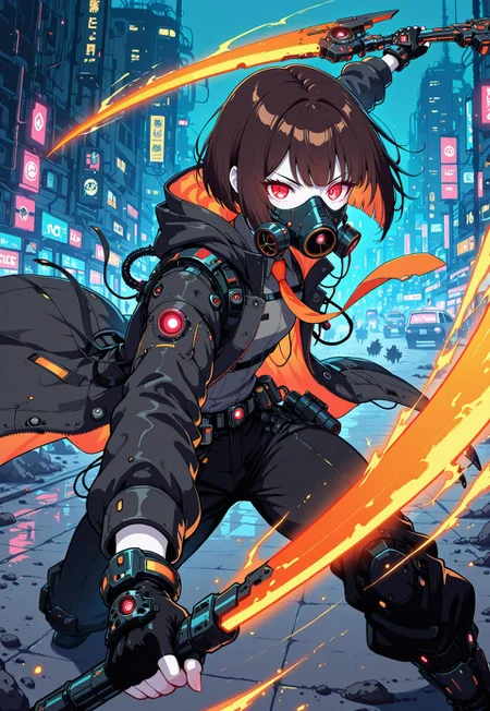 masterpiece, ultra detailed, ultra-detailed, 32K, very aesthetic, 2d, gray shirt, orange necktie, black gas mask, black trenchcoat, open coat, fingerless gloves, black pants, 1 female, solo, pale skin, red eyes, bob cut, dark brown hair, flat chest, urban, hi-tech, sci-fi, holding scythe, glowing orange blade, neon glow, neon orange, attack effect, fighting effect, motion effect, looking at viewer, fighting stance, dynamic pose, zzCitronLegacy, in the style of cknc,