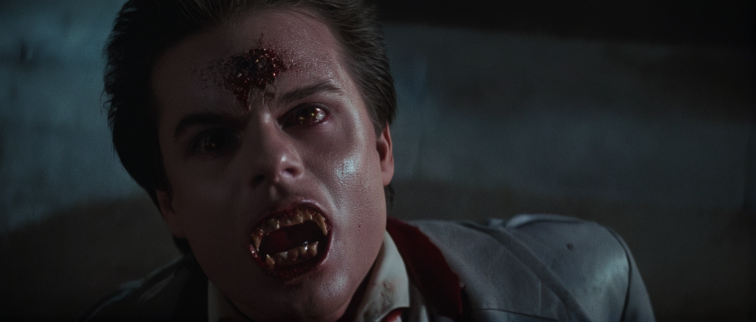 cinematic film still of  <lora:Fright Night 1985 style v2:1>
High Angle from above, In the 1980's vampire human Evil Ed Stephen Geoffreys,19yo vampire with white vampire teeth,Vampire7,white makeup a man with blood on his face and a blood in his hand taching for camera in a dramatic face,solo,looking at viewer,short hair,open mouth,black hair,1boy,male focus,teeth,blood,scar,portrait,scar on face,blood on face,realistic,blood splatter , horror themed, dark themed, low key light, dramatic light, dramatic shadow light, contrast, cinematic color, cinematic look, filmic, realistic, realism, perfection, perfect, Kodak, Kodak film, movie still, Fright Night 1985 style, Fright Night Film style, shallow depth of field, vignette, highly detailed, high budget, bokeh, cinemascope, moody, epic, gorgeous, film grain, grainy