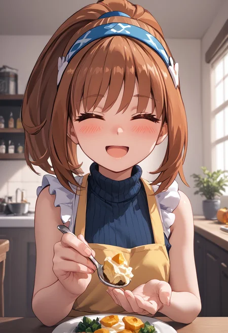 score_4,score_5,score_6,score_7_up,score_8_up,score_9 ((masterpiece,best quality,ultra detailed,highres,HD,4k:1.2)), 
1girl, solo,solo focus,girl focus,face focus,
Kohaku(iX),((brown hair)), orange eyes, ponytail, sidelocks,hairband,very small breast,petite,
Apron, sleeveless, exposed arms, exposed shoulders,, frilly aprons, upper body, pov,feeding,looking at viewer,feeding, food,incoming food, holding spoon, 
((closed eyes)),looking at viewer,blush,shy,smile,,open mouth,