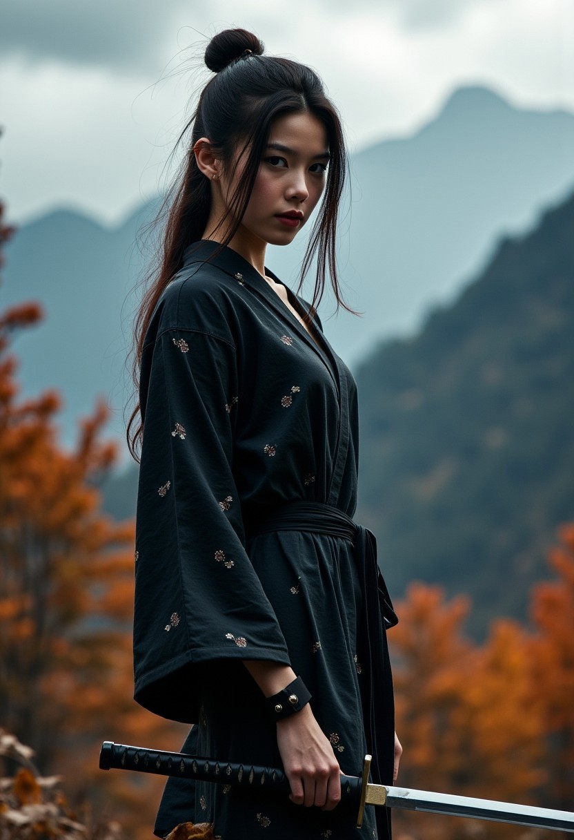 An extreme realism ultra wide shot of a beautiful kunoichi, in an autumnal setting inspired by the Edo period. The scene captures the motion of strong winds, swirling leaves, and the dark clouds looming over a rugged mountainous landscape, all reflected in her intense amber eyes.Wearing lightweight kimono-inspired outfit with a short hem and fitted sleeves, allowing for freedom of movement. The fabric is dark with subtle floral patterns, tied with an obi, and paired with tabi boots. Hands Resting on Wakizashi Hilts The kunoichi stands with both hands resting lightly on the hilts of her wakizashi, her stance relaxed and composed while looking away.