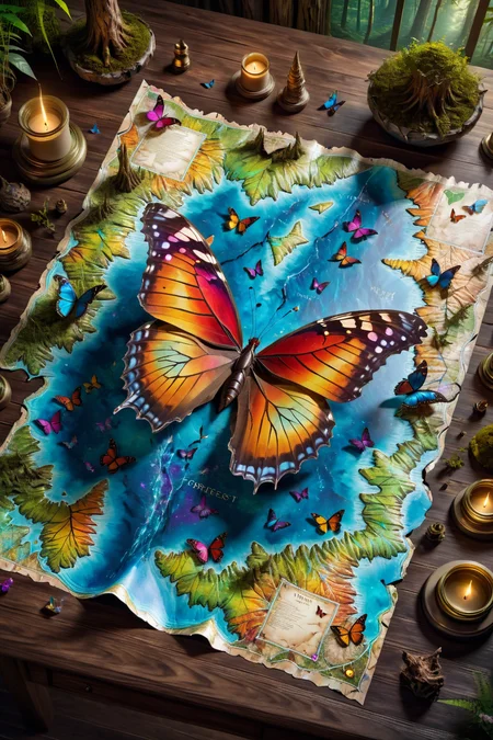 top view of  (<lora:Magical_Parchment:0.8> map) butterfly forest (3 dimensional), torn and worn, map looks to be floating off the paper, sitting on a desk, magical multicolored ink, high quality, imagination, 8k, fantasy art, vivid magical colors, style-paintmagic,