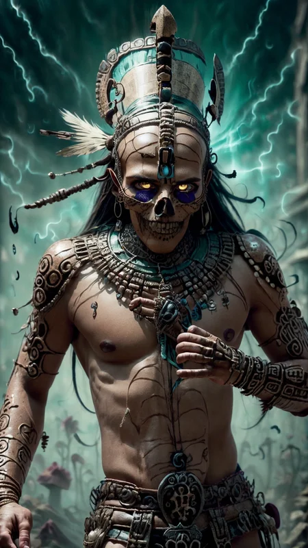a profestional picutre of 1man, tribal warrior <lora:Aztec_Style:0.7> with aztec outfit , <lora:NecromancyAI:1.2> necromancyai Behavior: The character's fingers dance over their lips in a tantalizing gesture, their gaze smoldering with allure. Their movements are slow and seductive, inviting others into their web of enchantment., , camera angle wide shot and feet out of frame, photorealism,unreal 5 daz,perfectly drawed hands,perfectly drawed face,perfect body,extremely detailed artgerm greg rutkowski greg,((ultrasharp)),((masterpiece)),((best quality)),((ultradetailed)),((intricated details)),ultradetailed character,detailed face,intricated face details,<lyco:GoodHands-beta2:1>,extremaly detailed background,perfectly detailed face,character focus,intricated details of face,fFaceDetail <lora:add_detail:0.7> ultra realistic,32k,RAW photo,(high detailed skin:1.2),8k uhd,dslr,soft lighting,high quality,film grain, beautiful and aesthetic,extremely detailed <hypernet:sxzBloom_sxzBloom:1>,8k, extremely_clear,