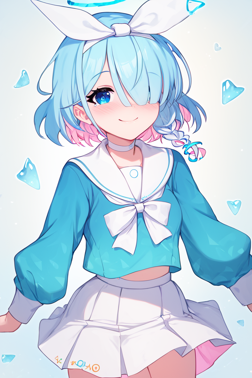 score_9, score_8_up, score_8, medium breasts, (curvy), cute, eyelashes,       BREAK, , ,,, zzArona, blue eyes, blue hair, hair over one eye, bangs, blue halo, mechanical halo, long sleeves, ribbon, school uniform, serafuku, skirt, white skirt, <lora:Arona_BlueArchive_PDXL:1.0>,   ,,,, BREAK, <lora:Afrobull_PDXL_v5:0.8>,  ,,, BREAK, smile, looking at viewer, closed mouth, cowboy shot,  ,,, embedding:zPDXL, Expressiveh, ,,, <lora:SDXLFaeTastic2400:0.5>, <lora:Expressive_H-000001:0.4>,