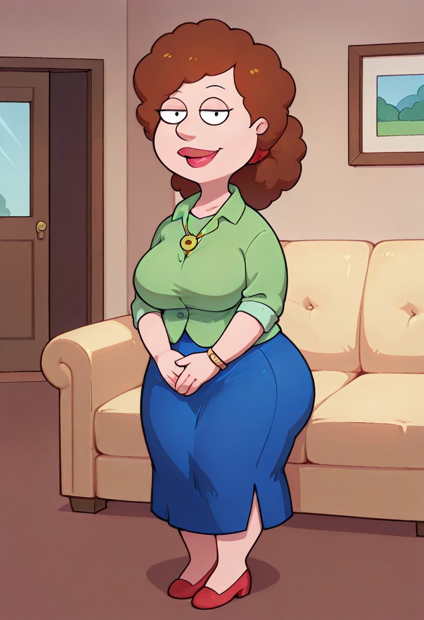 score_9,score_8_up,score_7_up,score_6_up,best quality, 1girl, solo, living room, couch, indoors,
BREAK
unnamed girl, brown hair, black eyes, (mature female:1.5), (plump:1.2), large breasts, gigantic ass, gigantic hips, green sweater, rolled up sleeves, blue skirt, shoes, own hand together, smile, looking at viewer, long skirt, half-closed eyes, necklace,