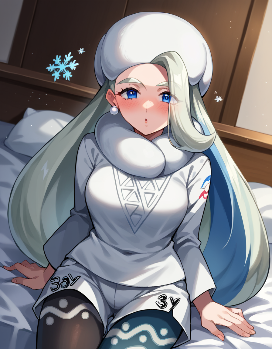 score_9, score_8_up, score_7_up, source_anime,
pokemonmelony, <lora:pokemon-melony-ponyxl-lora-nochekaiser:1>
pokemonmelony, blue eyes, eyelashes, long hair, multicolored hair, streaked hair, grey hair,
earrings, gloves, hat, jewelry, long sleeves, pantyhose, pantyhose under shorts, scarf, shorts, single glove, snowflakes, sweater, white headwear, white scarf, white sweater,
indoors, bed, bed room, on side, blush, drunk,
looking at viewer, cowboy shot, dutch angle,