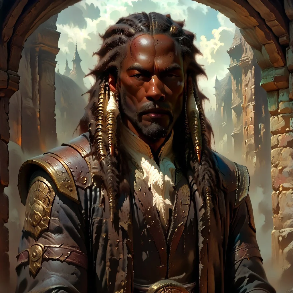 masterpiece, best quality, newest, absurdres, highres, oil painting, DFOP-V1.0, semi-realistic, 1boy, IllustratedafricanmaleV1.5, dark-skinned male, african male, african, DredlocksIL-V1.5, dredlocks