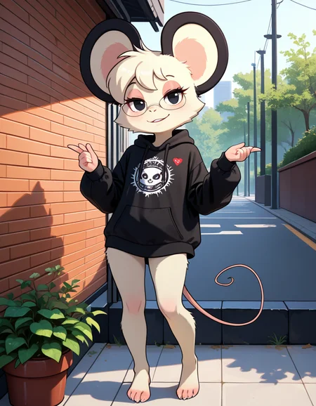 masterpiece, best quality, very aesthetic, absurdres,
outdoors, streetwear, 
barefoot, full body, standing, posing, 
 seductive smile, parted lips, long eyelashes,
 <lora:Tamy_v01_NAIXL:1>
T4my,1girl,solo,furry,furry female,mouse girl,short hair,mouse ears,black eyes,glasses,animal nose,body fur,white fur,mouse tail,