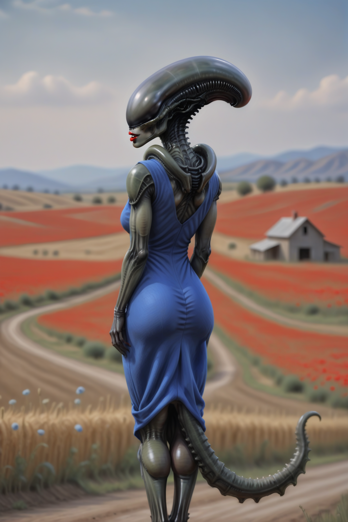 artwork of female xenomorph wearing blue wool summer dress, xenowaifu, backview, red lips, <lora:female_xenomorph_sdxl_V2:0.8>, standing on a dirt road, ranch in background, view open to beautiful poppies and corn field, (dress over tail:1.5)