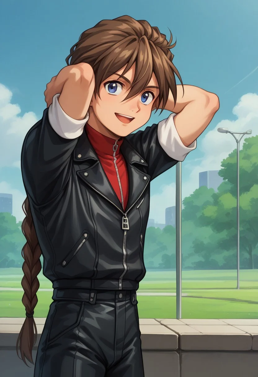 score_9, score_8_up, score_7_up, source_anime, highly detailed, 
duomaxwell, 1boy, solo, brown hair, braid, single braid, long hair, bery long hair, male focus, jacket, leather jacket, open mouth, upper body, hair between eyes, blue eyes, leather, black jacket, zipper, hands behind head, smile, re shirt,
outdoor,