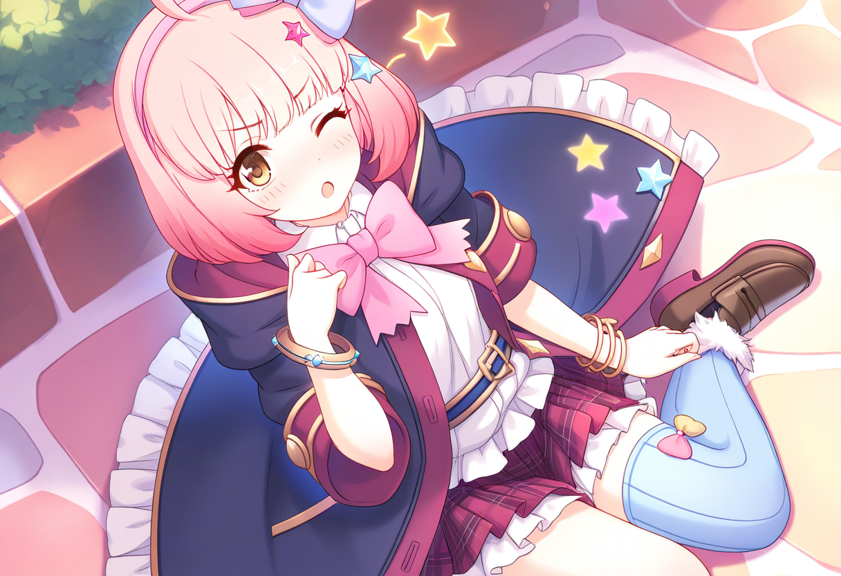 (masterpiece,best quality,ultra_detailed,highres,absurdres:1.2,amazing quality,very aesthetic),<lora:chieru _ilxl_v1-000012:0.8>,chieru \(princess_connect!\), 1girl, st. theresa's girls academy school uniform, star in eye, school uniform, star \(symbol\), symbol in eye, one eye closed, pink hair, skirt, hairband, solo, bow hairband, blue thighhighs, ahoge, bow, thighhighs, star hair ornament, single thighhigh, plaid, yellow eyes, plaid skirt, jewelry, open mouth, short hair, asymmetrical legwear, hair ornament, looking at viewer, pink hairband, bracelet, sitting, blush, ;o, wariza, red skirt, coat, loafers, pink bow, hooded coat, shirt, shoes, uneven legwear, socks, black coat, mismatched legwear
