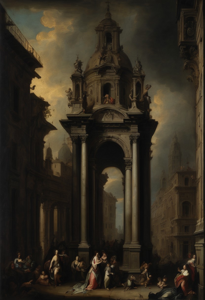 ((dark Renaissance by Bartolome Murillo)) ((an ancient Gothic city surrounded by the sea, pointed arches; stained glass windows; flying buttresses, pointed spear-shaped turrets, parts of the structure tend upward, rich decoration - decorated colonnades, sculptural stucco, statues of saints and historical figures, towers and spiers, as well as gargoyles, grotesque figures,
which at the same time can be fountains), a tragic scene, dark clouds, a half-turned look at the viewer, ((in the style of Bartolome Murillo)), dark Renaissance, gradient of an aged yellowed canvas, ((better quality, masterpiece)), (higher detail to the right) , impressionism:1.1, 8k