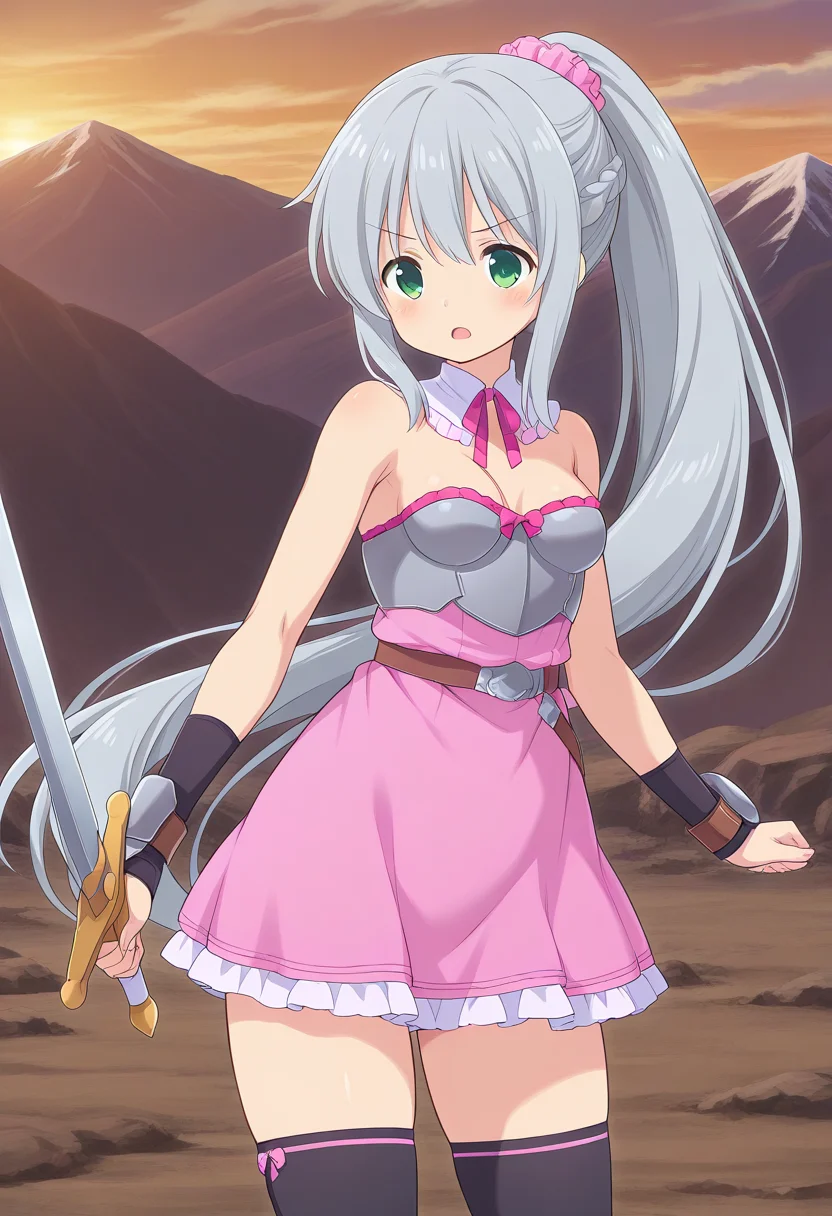 1girl, solo, lalaciellalanciel, grey hair, very long hair, braid, ponytail, hair scrunchie, green eyes, detached collar, strapless dress, medium breasts, armor, arm_guards, bracers, breastplate, black thighhighs, standing, cowboy shot, outdoors, mountains, holding sword, open mouth, serious, dynamic pose,