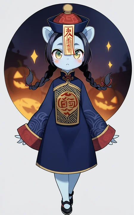 score_9,score_8_up,score_7_up,
<lora:jiangshiPony:1>,
jiangshi,1girl,solo,witchy hat,traditional qing guanmao,long black hair in a neat braid,bangs framing the face,blue-tinted colored skin with a spooky glow,blush stickers adding an odd charm,sleeves past wrists and fingers of long-sleeved black dress with frills,a symbol of Halloween mischief,Chinese clothes style adding an exotic touch,ofuda fluttering in the eerie breeze,full body visible against a dark and haunted background,black footwear for a mysterious step.,
