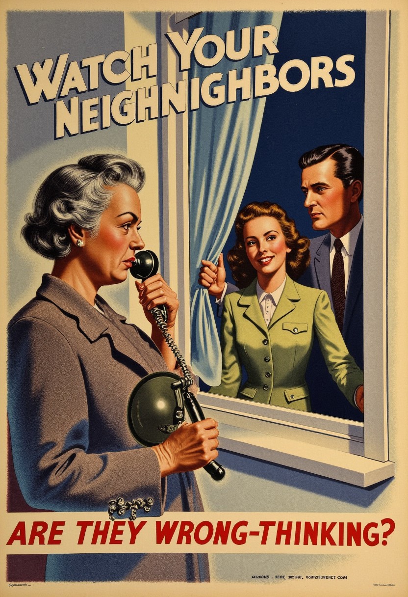 In REME's War Poster Style. an old woman at her window holds a telephone and peers from behind her curtains at a young couple. title reads "WATCH YOUR NEIGHBORS" and "ARE THEY WRONG-THINKING?". high detail.