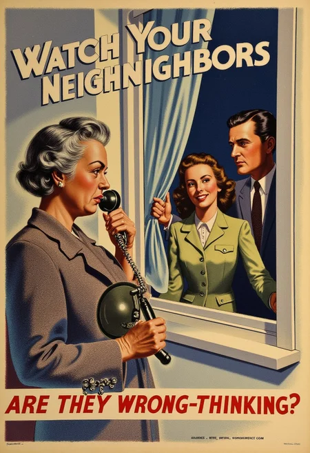 In REME's War Poster Style. an old woman at her window holds a telephone and peers from behind her curtains at a young couple. title reads "WATCH YOUR NEIGHBORS" and "ARE THEY WRONG-THINKING?". high detail.