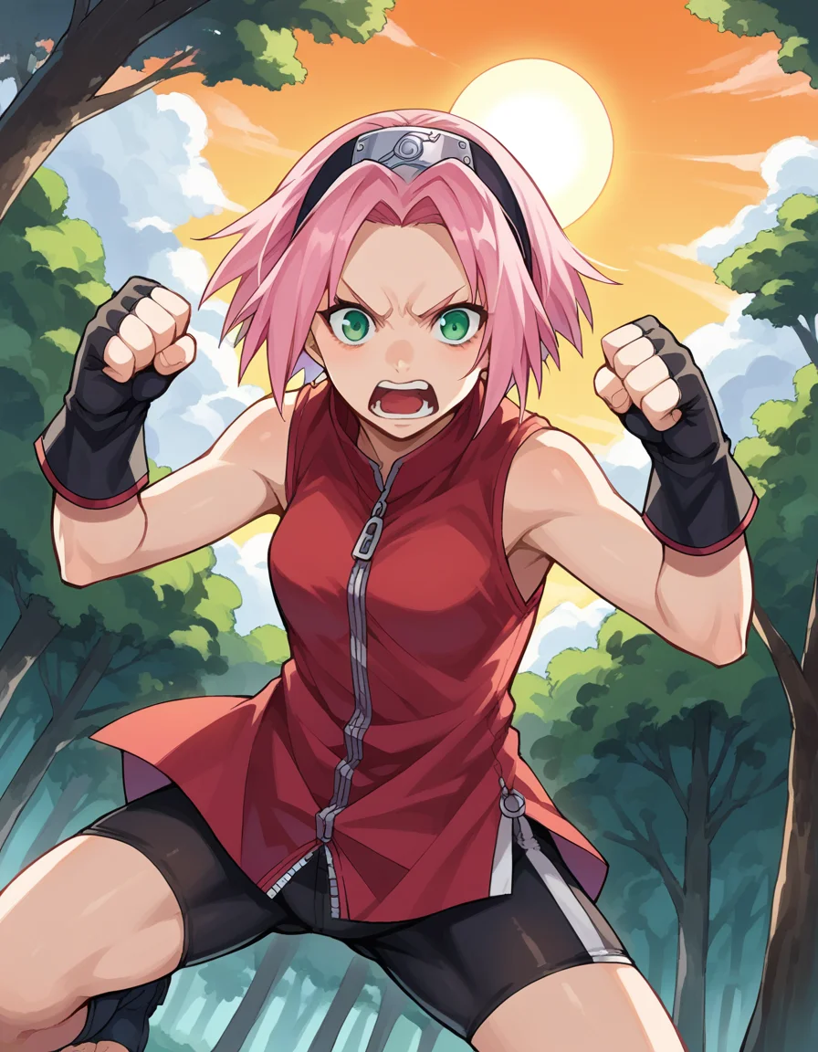 score_9, score_8_up, score_7_up, source_anime,
sakuraharuno, <lora:sakura-haruno-ponyxl-lora-nochekaiser:1>,
sakura haruno, short hair, green eyes, pink hair, parted bangs, hairband, forehead protector, shouting, punching,
gloves, green eyes, sleeveless, black gloves, red shirt, zipper, forehead protector, konohagakure symbol, boots, bike shorts, zipper, toeless footwear,
outdoors, forest, nature, sky, sun, clouds,
looking at viewer, cowboy shot, dutch angle, dynamic pose,