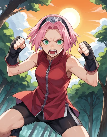 score_9, score_8_up, score_7_up, source_anime,
sakuraharuno, <lora:sakura-haruno-ponyxl-lora-nochekaiser:1>,
sakura haruno, short hair, green eyes, pink hair, parted bangs, hairband, forehead protector, shouting, punching,
gloves, green eyes, sleeveless, black gloves, red shirt, zipper, forehead protector, konohagakure symbol, boots, bike shorts, zipper, toeless footwear,
outdoors, forest, nature, sky, sun, clouds,
looking at viewer, cowboy shot, dutch angle, dynamic pose,
