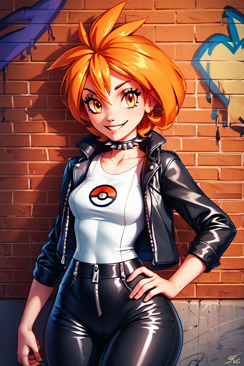 score_9, score_8_up, score_8, medium breasts, (curvy), cute, eyelashes, BREAK, , zzBrigette, short hair, orange hair, orange eyes, <lora:Brigette_Pokemon_PDXL:0.7>, , BREAK, smile, looking at viewer, leather jacket, leather pants, black jacket, tight pants, black choker, zipper, biker clothes, spikes, multiple belts, shiny clothes, high collar, (graffiti:1.2), brick wall, cowboy shot, embedding:zPDXL, Expressiveh, <lora:CatalystStylePDXL:0.6>, <lora:SDXLFaeTastic2400:0.5>, <lora:Expressive_H-000001:0.4>,