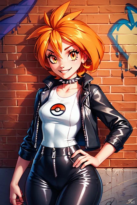 score_9, score_8_up, score_8, medium breasts, (curvy), cute, eyelashes, BREAK, , zzBrigette, short hair, orange hair, orange eyes, <lora:Brigette_Pokemon_PDXL:0.7>, , BREAK, smile, looking at viewer, leather jacket, leather pants, black jacket, tight pants, black choker, zipper, biker clothes, spikes, multiple belts, shiny clothes, high collar, (graffiti:1.2), brick wall, cowboy shot, embedding:zPDXL, Expressiveh, <lora:CatalystStylePDXL:0.6>, <lora:SDXLFaeTastic2400:0.5>, <lora:Expressive_H-000001:0.4>,