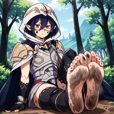 masterpiece, best quality, sharp aliasing, highly detailed, blue cape, armour, black gloves, outdoors, day, muddy ground, tree, bush, barefoot, toeless legwear, armoured legwear, stirrup legwear, 5 toes, Quality, High Definition, Full body view, solo, Tamaki Amajiki, pointy ears, dark blue hair, hair between eyes, hood, mask, male, male body, feet focus, feet, soles, dirty feet, sitting