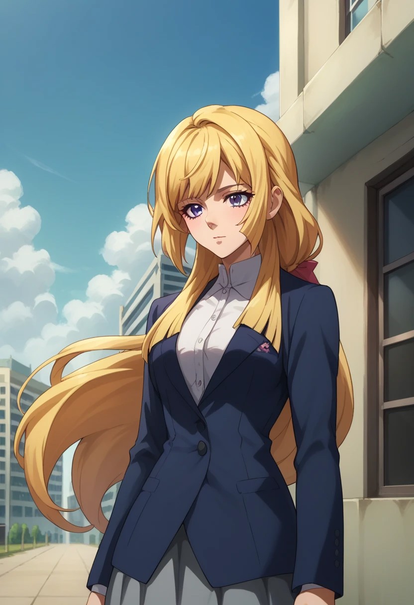 score_9, score_8_up, score_7_up, source_anime, highly detailed, 
kudelia, 
1girl, solo, long hair, blonde hair, purple eyes, very long hair, upper body, skirt, grey skirt, jacket, blue jacket,
outdoor, sky, clouds, building,