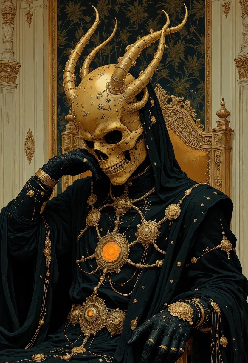A king wearing an elaborate golden skull mask sits regally on a throne. His clothing is black, adorned with intricate golden decorations and details that shimmer in the light. The throne room is lavishly decorated, with elegant tapestries, ornate pillars, and luxurious furnishings that exude opulence and power. The king's imposing presence is accentuated by the grandeur of his surroundings. He supports his head with one hand, creating a contemplative and commanding pose, adding to the dramatic and majestic splendor of the scene.