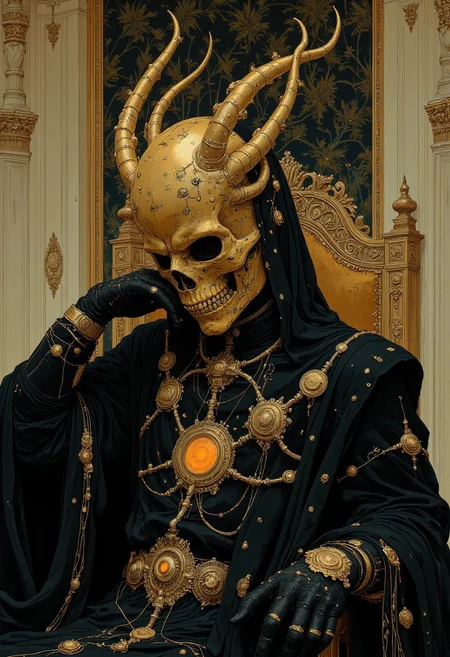 A king wearing an elaborate golden skull mask sits regally on a throne. His clothing is black, adorned with intricate golden decorations and details that shimmer in the light. The throne room is lavishly decorated, with elegant tapestries, ornate pillars, and luxurious furnishings that exude opulence and power. The king's imposing presence is accentuated by the grandeur of his surroundings. He supports his head with one hand, creating a contemplative and commanding pose, adding to the dramatic and majestic splendor of the scene.