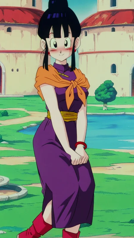 source_anime, masterpiece, best quality, amazing quality, anime screencap, high quality, 8k, absurdres, official style, 1girl, solo, looking at viewer, v arms, smile, blush,<lora:ChiChi_OG_Z_iL:1>, ch1ch1, black eyes, black hair, saiyan saga, hair bun, single hair bun, sidelocks, bangs, purple china dress, orange scarf, yellow waistband, jewelry, earrings, boots, bracelet, chinese clothes,