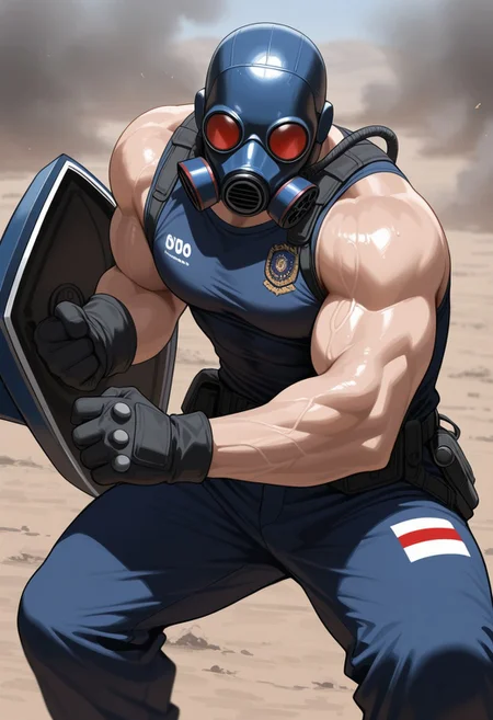 masterpiece, best quality, amazing quality, very aesthetic, absurdres, newest, detailed background, Muscular man, solo, 1boy, Colombian flag (yello, Blue and red), sleeveless shirt, very muscular body, gas mask, shield with the Colombian flag, in protests, riots, fighting stance.