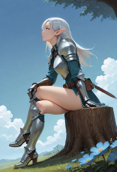 SmoothNoob_Quality, 1girl, solo, elf, long pointy ears, long silver hair, armor, shoulder armor, armored boots, armored gloves, armored leotard, utility belt, knife, knife scabbard , sitting on tree stump, crossed legs, full body, flower, from side, gradient background, profile, blue sky background, clouds, looking up, blue theme, hand on own knee, hair behind ear, <lora:SmoothStyle_Lambda:1>